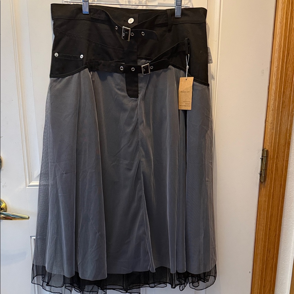 Two-Tone Black and Gray Midi Skirt with Buckle Detail